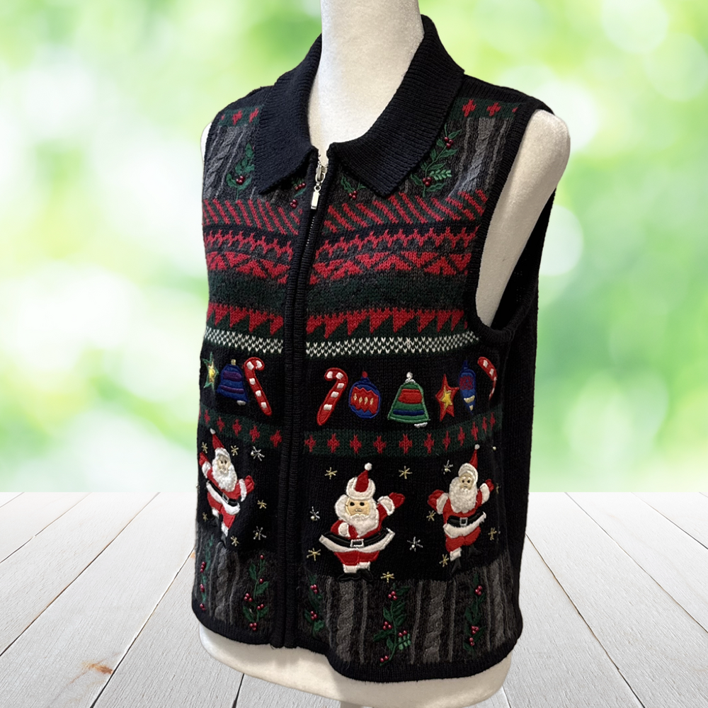 Vintage Christmas Sweater Vest Hand Beaded Dancing Santa Candy Canes 90s Women M